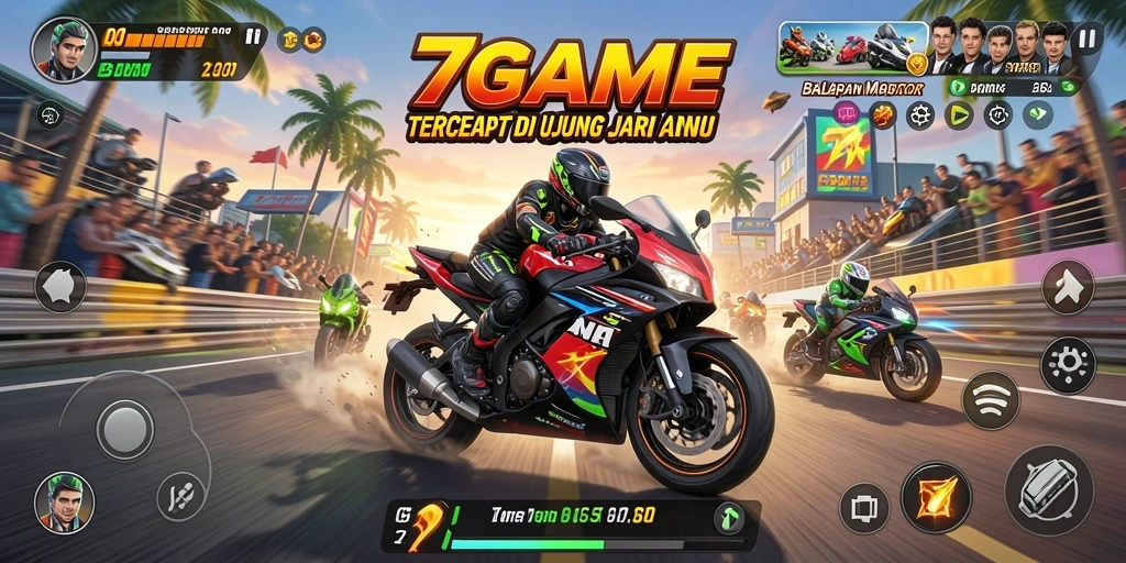 Screenshot gameplay 7GAME menunjukkan balapan motor yang mendebarkan.