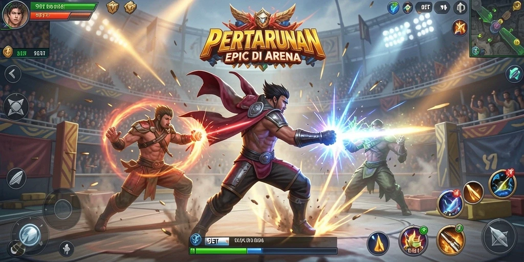 Screenshot gameplay 9ET menampilkan pertarungan seru dan karakter dinamis.