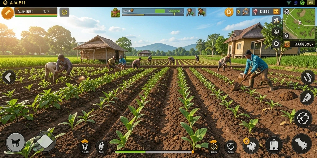 Screenshot gameplay AJAIB11 menampilkan aktivitas bertani yang seru.