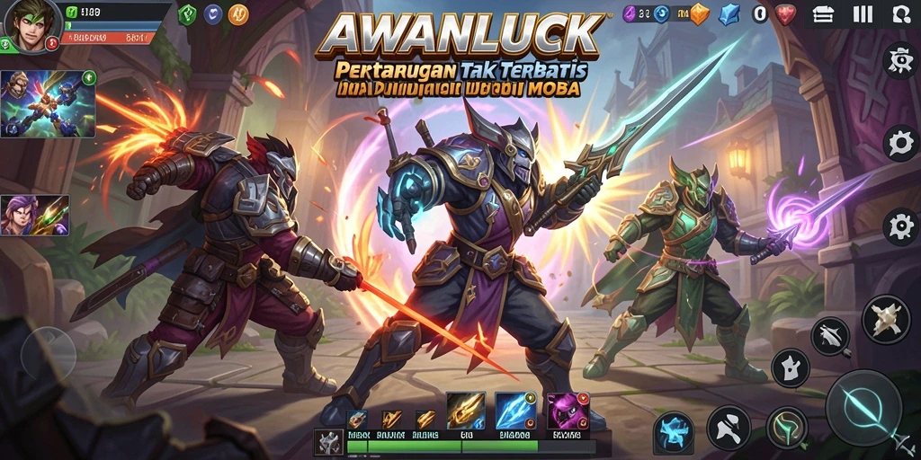Screeenshot gameplay <strong>AWANLUCK</strong> yang menunjukkan pertarungan seru di arena MOBA.