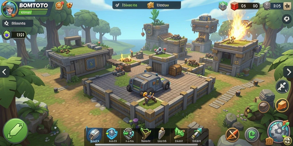 Screenshot permainan <strong>BOMTOTO</strong> yang menunjukkan aksi tower defense yang seru.