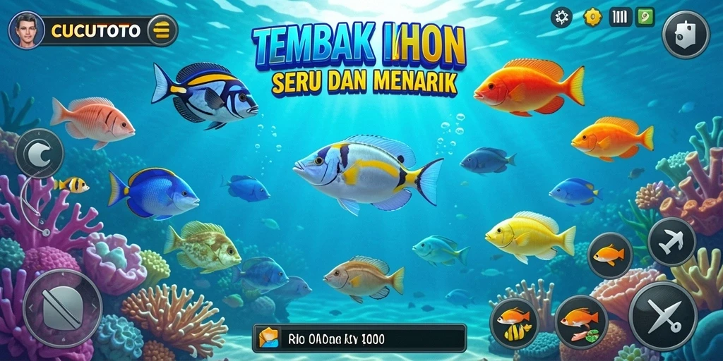 Tampilan gameplay CUCUTOTO dengan ikan berwarna-warni dan senjata menakjubkan.