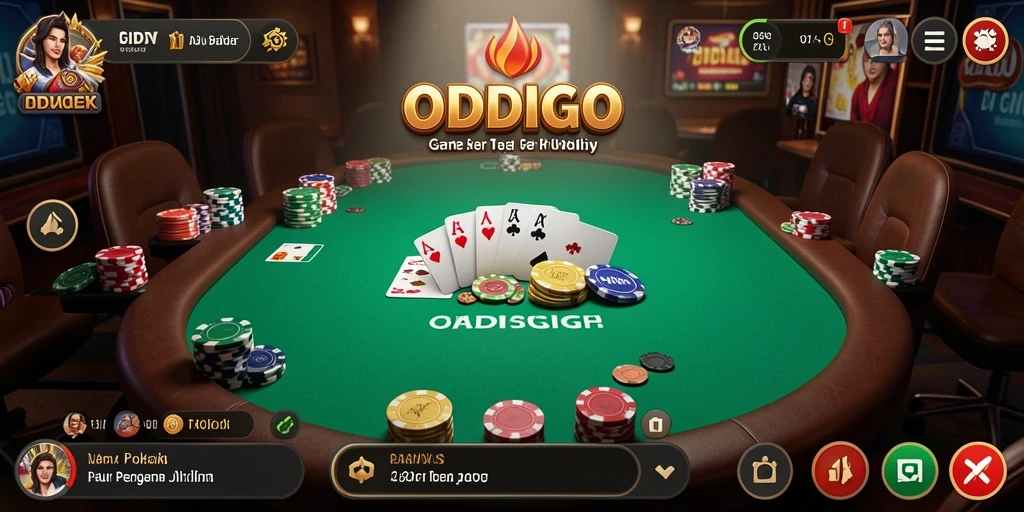 Screenshot gameplay ODDIGO menampilkan meja poker yang ramai dan interaksi pemain.