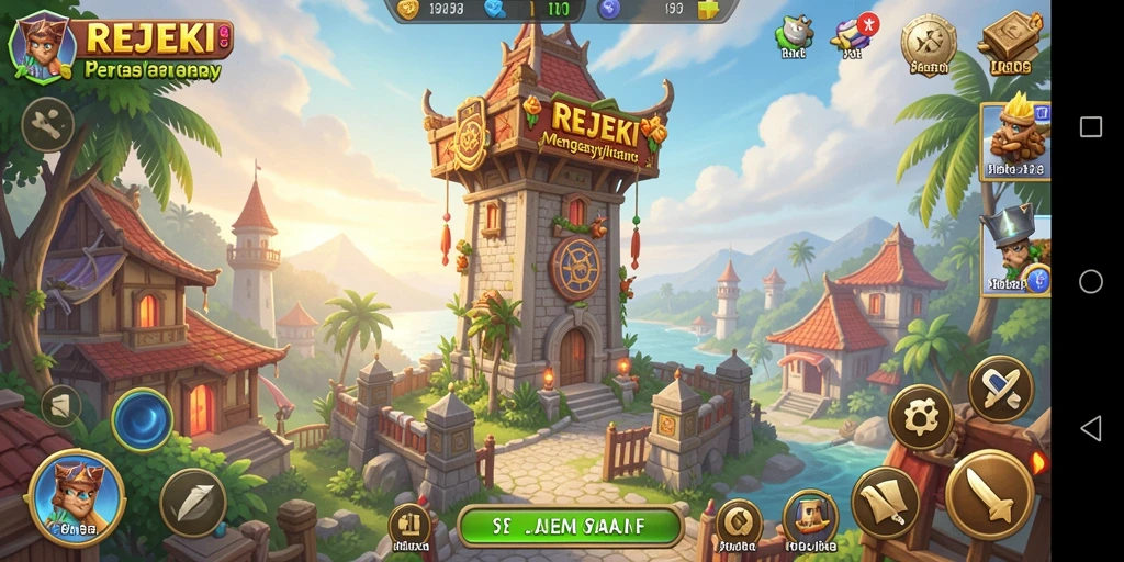 Tampilan screenshot gameplay REJEKI dengan pertahanan menara yang intens.