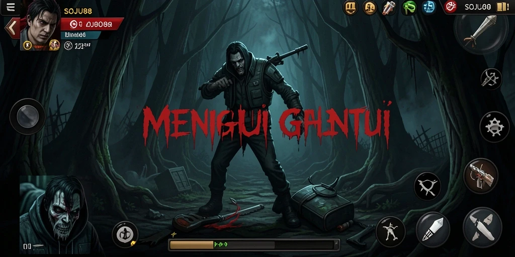 Tampilan gameplay menegangkan dalam SOJU88 dengan suasana horor.