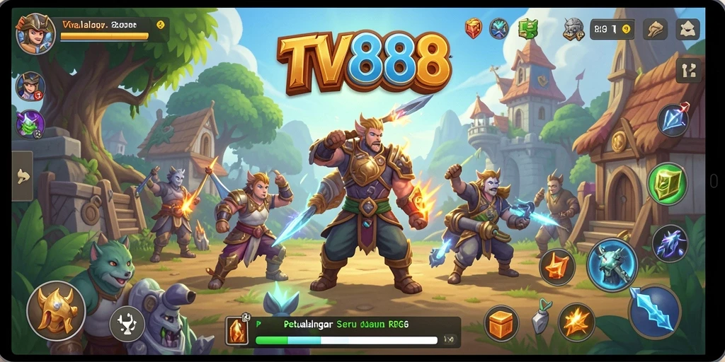 Screenshot gameplay TV888 menampilkan aksi pertarungan RPG yang intens.
